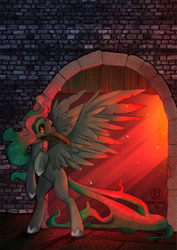 Size: 827x1169 | Tagged: safe, artist:redi, derpibooru import, oc, oc only, pegasus, pony, brick wall, door, ears, floppy ears, hoof shoes, light, looking back, plague doctor mask, rearing, solo