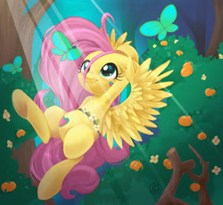 Size: 1920x1765 | Tagged: safe, artist:redi, derpibooru import, fluttershy, butterfly, pegasus, pony, bush, crepuscular rays, ears, female, floppy ears, flower, flying, forest, fruit, mare, smiling, solo, spread wings, waistband, wings