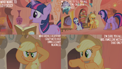 Size: 4400x2475 | Tagged: safe, derpibooru import, edit, edited screencap, editor:quoterific, screencap, applejack, rarity, twilight sparkle, unicorn twilight, earth pony, pony, unicorn, look before you sleep, season 1, applejack's hat, book, clothes, cowboy hat, female, golden oaks library, hat, mare, quill