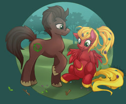 Size: 1920x1582 | Tagged: safe, artist:redi, derpibooru import, oc, oc only, oc:redi, oc:skradacz, earth pony, pegasus, pony, female, flower, flower in hair, flower in tail, freckles, glasses, hoof on belly, male, mare, oc x oc, pregnant, raised hoof, raised leg, shipping, sitting, smiling, stallion, tail