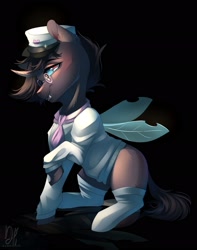 Size: 1617x2048 | Tagged: safe, artist:bambudess, derpibooru import, oc, oc:rosie clockwork, changeling, pony, ascot, black background, changeling oc, clothes, crossdressing, femboy, glasses, hat, insect wings, male, raised hoof, raised leg, simple background, sitting, socks, solo, spread wings, stockings, sweater, thigh highs, wings