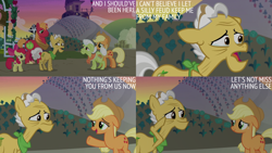 Size: 4400x2475 | Tagged: safe, derpibooru import, edit, edited screencap, editor:quoterific, screencap, apple bloom, applejack, big macintosh, grand pear, granny smith, the perfect pear, forgiveness, implied betrayal, redemption