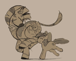 Size: 1280x1036 | Tagged: safe, artist:roadkill-raccoons, derpibooru import, apple bloom, zecora, earth pony, pony, zebra, eyes closed, female, filly, foal, mare, monochrome, smiling