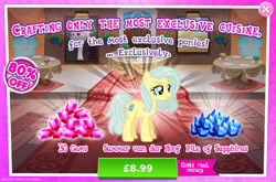 Size: 1962x1296 | Tagged: safe, derpibooru import, idw, zesty gourmand, earth pony, pony, advertisement, blue mane, blue tail, costs real money, english, female, gameloft, gem, idw showified, mare, numbers, official, sale, solo, solo focus, summer van der hoof, table, tail, text, yellow coat, yellow fur