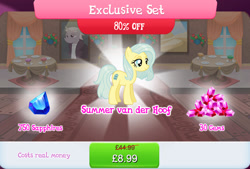Size: 1267x856 | Tagged: safe, derpibooru import, idw, zesty gourmand, earth pony, pony, blue mane, blue tail, bundle, costs real money, english, female, gameloft, gem, idw showified, mare, numbers, official, sale, solo, solo focus, summer van der hoof, table, tail, text, yellow coat, yellow fur