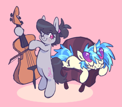 Size: 979x856 | Tagged: safe, artist:fluttershyes, derpibooru import, dj pon-3, octavia melody, vinyl scratch, earth pony, pony, unicorn, g4, alternate hairstyle, bipedal, cello, cute, duo, duo female, eyes closed, female, hoof hold, mare, musical instrument, one eye closed, pink background, simple background, smiling, sofa, tavibetes, vinylbetes, wink