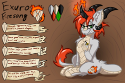 Size: 3000x2000 | Tagged: safe, artist:aryn, derpibooru import, oc, oc:exuro firesong, dracony, dragon, hybrid, claws, fire, horn, leonine tail, multiple horns, reference sheet, scales, slit eyes, smiling, solo, tail