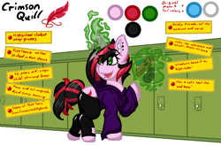 Size: 2052x1352 | Tagged: safe, artist:aryn, derpibooru import, oc, oc:crimson quill, pony, unicorn, clothes, hoodie, lockers, magic, reference sheet, school, smiling, solo, stockings, thigh highs