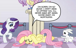 Size: 1095x697 | Tagged: safe, artist:tonyfleecs, derpibooru import, idw, angel bunny, fluttershy, rarity, pegasus, pony, rabbit, unicorn, g4, idw micro series, spoiler:comic, animal, dejected, dialogue, duo, female, glasses, male, mare, micro-series, open mouth, sad, trio