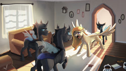 Size: 1440x810 | Tagged: safe, artist:maxiima, derpibooru import, oc, oc:sweet leaf, changeling, pegasus, pony, fanfic:unending love, carpet, clock, coffee, disguise, disguised changeling, fanfic art, fangs, open mouth, picture frame, sofa, spread wings, window, wings