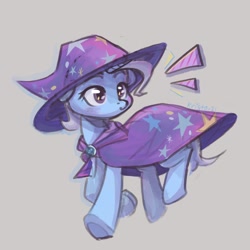 Size: 1200x1200 | Tagged: safe, artist:krista-21, derpibooru import, trixie, pony, unicorn, g4, cape, clothes, emanata, female, gray background, hat, mare, simple background, solo