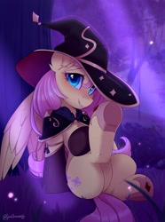 Size: 1522x2048 | Tagged: safe, artist:sonigiraldo, derpibooru import, fluttershy, pegasus, pony, butt, chest fluff, clothes, costume, ear fluff, ears, featureless crotch, female, forest background, halloween, halloween costume, hat, holiday, leaning, leaning back, looking at you, mare, plot, raised hoof, raised leg, sitting, smiling, smiling at you, socks, solo, witch costume, witch hat