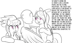 Size: 1350x810 | Tagged: safe, artist:cosmonaut, derpibooru import, cloudchaser, flitter, oc, oc:anon, human, pegasus, pony, black and white, dialogue, female, food, grayscale, male, mare, monochrome, partial color, pocky, simple background, sitting, sofa, trio, white background