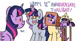 Size: 1269x687 | Tagged: safe, artist:paperbagpony, derpibooru import, derpy hooves, twilight sparkle, twilight sparkle (alicorn), oc, oc:paper bag, alicorn, pony, :d, :i, alicorn costume, clothes, costume, face on a bag, fake cutie mark, fake horn, fake wings, mlp fim's twelfth anniversary, nightmare night costume, open mouth, open smile, simple background, smiling, squatpony, stilts, sweat, sweatdrop, toilet paper roll horn, twiggie, twilight muffins, white background, wig