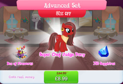 Size: 1268x864 | Tagged: safe, derpibooru import, idw, zesty gourmand, earth pony, pony, brown mane, brown tail, bundle, costs real money, ear piercing, earring, english, female, fireworks, gameloft, idw showified, jewelry, mare, necklace, nose piercing, numbers, official, piercing, red coat, red fur, sale, solo, solo focus, super chef judge pony, tail, text