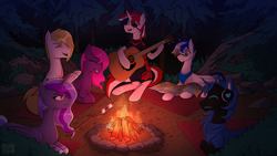 Size: 3840x2160 | Tagged: safe, artist:alicetriestodraw, derpibooru import, oc, oc only, alicorn, cyborg, pegasus, unicorn, armor, bandana, blanket, boulder, campfire, clothes, commission, eyepatch, female, fire, food, forest, giggling, glasses, grass, group, guitar, heterochromia, high res, horn, laughing, looking at each other, looking at someone, male, map, mare, marshmallow, moss, multicolored hair, musical instrument, night, outdoors, playing instrument, protogen, roasted marshmallow, roasting, rock, scar, scarred, sextet, socks, stallion, stick, tree, wings