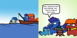 Size: 1436x720 | Tagged: safe, artist:fluttershank, derpibooru import, oc, oc:aqua sapphire, earth pony, merpony, boat, cannibalism, comic, crying, dialogue, fishing, fishing rod, foal, food, jewelry, seafood, simple background, speech bubble, squatpony, table, the grim adventures of billy and mandy, water