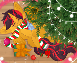 Size: 1280x1050 | Tagged: safe, derpibooru import, oc, oc only, alicorn, pony, robot, robot pony, 2021, 2022, amputee, christmas, christmas lights, christmas tree, clothes, cute, eyes closed, floor, happy new year, holiday, hooves, lying down, male, nap, new year, new years eve, paws, present, prosthetic leg, prosthetic limb, prosthetics, raised hoof, raised leg, scarf, sleeping, solo, tree, yellow mane