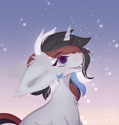 Size: 972x1022 | Tagged: safe, derpibooru import, oc, oc only, pony, unicorn, blushing, bust, cute, dawn, fluffy, fur, gray, halfbody, portrait, sky, smiling, snow, snowfall, snowflake, solo, sunset, winter