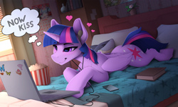 Size: 2530x1515 | Tagged: safe, artist:yakovlev-vad, derpibooru import, twilight sparkle, twilight sparkle (alicorn), alicorn, pony, shark, bed, bedroom, bedroom eyes, blanket, blushing, book, colored, computer, cute, earbuds, female, folded wings, food, heart, laptop computer, lip bite, lying down, lying on bed, mare, now kiss, on bed, pillow, plushie, popcorn, prone, shark plushie, shipper on deck, slim, smiling, smirk, solo, thought bubble, twiabetes, twilight shipper, wings