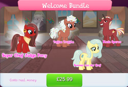 Size: 1263x860 | Tagged: safe, derpibooru import, idw, zesty gourmand, earth pony, pony, unicorn, blade sparxx, blue mane, blue tail, brown coat, brown fur, bundle, colored horn, costs real money, ear piercing, earring, english, female, gameloft, group, horn, idw showified, jewelry, male, mare, necklace, nose piercing, numbers, official, piercing, red coat, red fur, short mane, short tail, stallion, summer van der hoof, super chef judge pony, table, tail, text, toffee truffle, unnamed character, unnamed pony, white mane, white tail, yellow coat, yellow fur, yellow mane, yellow tail