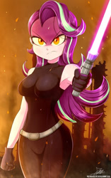 Size: 640x1020 | Tagged: safe, artist:the-butch-x, derpibooru import, starlight glimmer, human, equestria girls, 2021, armpits, bare shoulders, breasts, clothes, female, gloves, lightsaber, looking at you, mara jade, old art, sleeveless, solo, star wars, starlight jiggler, tanktop, weapon