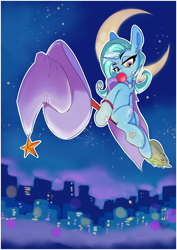 Size: 2480x3508 | Tagged: safe, artist:i love hurt, derpibooru import, trixie, pony, unicorn, g4, bandage, broom, bubblegum, cape, city, clothes, crescent moon, female, flying, flying broomstick, food, gum, hat, mare, moon, night, solo, stars, trixie's cape, trixie's hat, witch