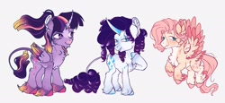 Size: 3159x1459 | Tagged: safe, artist:memebigboi5, derpibooru import, fluttershy, rarity, twilight sparkle, twilight sparkle (alicorn), alicorn, classical unicorn, pegasus, pony, unicorn, chest fluff, chin fluff, cloven hooves, ethereal mane, ethereal wings, feathered fetlocks, female, leonine tail, mare, simple background, trio, unshorn fetlocks, white background, wings