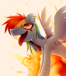 Size: 2000x2300 | Tagged: safe, artist:rtootb, derpibooru import, rainbow dash, pegasus, pony, g4, ear piercing, evil grin, explosion, grin, open mouth, piercing, punk, simple background, smiling, solo, tongue, tongue out, tongue piercing