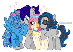 Size: 1000x709 | Tagged: safe, artist:jennieoo, derpibooru import, oc, oc:gentle star, oc:maverick, oc:ocean soul, oc:shadow dweller, earth pony, pegasus, pony, bow, eyepatch, friends, group, hair bow, happy, hug, kiss on the cheek, kissing, ponytail, show accurate, simple background, smiling, snuggling, tongue, tongue out, transparent background, vector