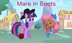 Size: 2048x1229 | Tagged: safe, artist:aaliyah_rosado, artist:user15432, derpibooru import, twilight sparkle, twilight sparkle (alicorn), alicorn, mermaid, barely pony related, blue dress, boots, bow, bubble guppies, clothes, crossover, fairy tale, feathered hat, hair bow, hat, headband, high heel boots, looking at you, molly (bubble guppies), ponyville, puss in boots, shoes, smiling, sword, weapon