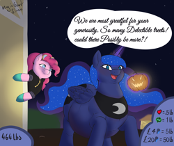 Size: 7405x6213 | Tagged: safe, artist:magicghostslime, derpibooru import, pinkie pie, princess luna, alicorn, earth pony, pony, series:luna's halloween treat feast, absurd resolution, belly, big belly, blushing, chubby cheeks, dialogue, double chin, duo, duo female, fat, female, halloween, holiday, incentive drive, jack-o-lantern, looking at you, night, nightmare night, note expansion, princess moonpig, pumpkin, speech bubble, stars, talking to viewer, weight gain, weight gain sequence