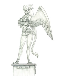 Size: 1050x1391 | Tagged: safe, artist:baron engel, derpibooru import, part of a set, gilda, anthro, griffon, unguligrade anthro, clothes, crossed arms, female, grayscale, monochrome, pencil drawing, simple background, solo, statue, traditional art, white background