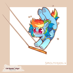 Size: 1200x1200 | Tagged: safe, artist:cold-blooded-twilight, derpibooru import, rainbow dash, pegasus, pony, acrobat, blushing, clothes, female, filly, flexible, foal, gymnastics, leotard, solo, sweat, swing, trapeze, underhoof, uniform