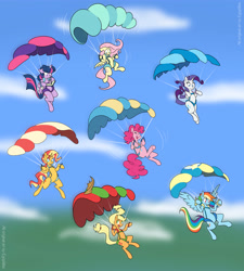 Size: 4500x5000 | Tagged: safe, artist:egophiliac, derpibooru exclusive, derpibooru import, applejack, fluttershy, pinkie pie, rainbow dash, rarity, sunset shimmer, twilight sparkle, twilight sparkle (alicorn), alicorn, alternate mane seven, book, collage, commission, mane six, nervous, parachute, reading, shaking, skydiving