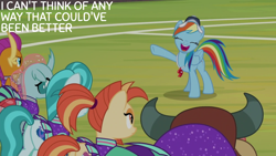 Size: 1280x720 | Tagged: safe, derpibooru import, edit, edited screencap, editor:quoterific, screencap, lighthoof, ocellus, rainbow dash, shimmy shake, smolder, yona, 2 4 6 greaaat, baseball cap, cap, cheerleader, cheerleader outfit, clothes, eyes closed, female, frown, hat, mare, open mouth, open smile, shimmy shake is not amused, smiling, smolder is not amused, technically an upskirt shot, unamused, upskirt, whistle, whistle necklace