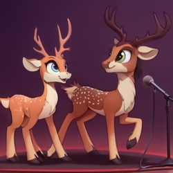 Size: 512x512 | Tagged: safe, derpibooru import, editor:paracompact, machine learning assisted, oc, oc only, deer, looking to side, looking to the right, microphone, microphone stand, one leg raised, open mouth, standing