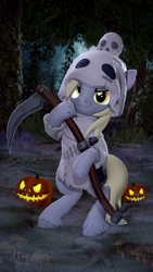 Size: 2160x3840 | Tagged: safe, artist:owlpirate, derpibooru import, derpy hooves, pegasus, pony, 3d, 4k, bipedal, clothes, costume, female, grim reaper, halloween, halloween costume, high res, holiday, hoof hold, jack-o-lantern, looking at you, mare, pumpkin, scythe, smiling, smiling at you, solo, source filmmaker, unshorn fetlocks