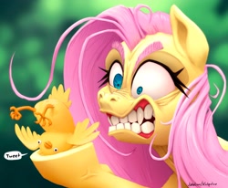 Size: 3508x2885 | Tagged: safe, artist:docwario, artist:katputze, derpibooru import, fluttershy, bird, pegasus, pony, collaboration, angry, anus, bust, female, fluttober, gritted teeth, hoof hold, mare, nudity, out of character, pun, solo, speech bubble, teeth, visual pun