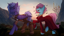 Size: 3840x2160 | Tagged: safe, artist:alicetriestodraw, derpibooru import, princess luna, oc, alicorn, earth pony, pony, annoyed, armor, boots, bush, canterlot, cape, chainmail, clothes, commission, complex background, crossover, female, geralt of rivia, grass, high res, horn, male, mare, mountain, music notes, outdoors, ponified, s1 luna, scar, scarred, shoes, singing, stallion, stone, sword, the witcher, walking, watermark, weapon, witcher