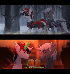 Size: 3840x4047 | Tagged: safe, artist:alicetriestodraw, derpibooru import, oc, oc only, bat pony, pony, unicorn, 2 panel comic, alcohol, armor, beer, clothes, comic, commission, complex background, drinking, duo, duo male, eyepatch, eyes closed, foam, forest, horn, magic, male, mug, multicolored hair, scar, scarf, scarred, snow, snowfall, stallion, subtitles, tavern, telekinesis, text, walking, winter