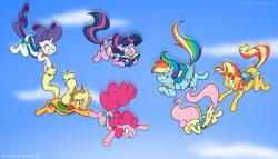 Size: 3500x2000 | Tagged: safe, artist:egophiliac, derpibooru exclusive, derpibooru import, applejack, fluttershy, pinkie pie, rainbow dash, rarity, sunset shimmer, twilight sparkle, twilight sparkle (alicorn), alicorn, earth pony, pegasus, pony, unicorn, alternate mane seven, book, collage, commission, covering eyes, crossed hooves, falling, freefall, mane six, parachute, reading, sky, skydiving, tail, tail pull