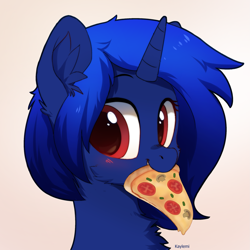 Size: 2067x2067 | Tagged: safe, artist:kaylemi, derpibooru import, oc, oc only, pony, bust, female, food, pizza, simple background, solo