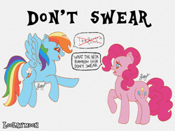 Size: 4096x3072 | Tagged: safe, artist:loolaymoon, derpibooru import, pinkie pie, rainbow dash, earth pony, pegasus, pony, g4, censored vulgarity, female, flying, grawlixes, mare, open mouth, open smile, pointing, raised hoof, raised leg, smiling, standing, what the heck rainbow dash don't swear