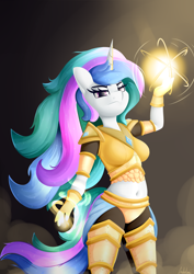 Size: 2480x3508 | Tagged: safe, artist:andelai, derpibooru import, princess celestia, anthro, armor, belly button, breasts, female, magic, midriff, signature, simple background, smoke, solo, warrior, warrior celestia, windswept hair