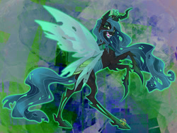 Size: 1280x960 | Tagged: safe, artist:candasaurus, derpibooru import, queen chrysalis, changeling, changeling queen, abstract background, fangs, female, rearing, sharp teeth, signature, smiling, solo, spread wings, teeth, wings