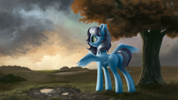 Size: 4000x2250 | Tagged: safe, artist:flusanix, derpibooru import, oc, oc only, oc:buffonsmash, pegasus, pony, autumn, butt, commission, digital art, eyelashes, female, field, grass, grass field, green eyes, leaves, lightning, looking away, mare, painting, plot, rain, rule 63, scenery, solo, spread wings, stormy, thunder, tree, wings, ych example, ych result