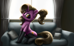 Size: 4000x2500 | Tagged: safe, artist:flusanix, derpibooru import, luster dawn, pony, unicorn, clothes, curtains, cute, female, mare, pillow, sitting, socks, sofa, solo, window