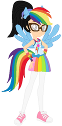 Size: 301x609 | Tagged: safe, artist:selenaede, artist:user15432, derpibooru import, rainbow dash, oc, oc:aaliyah, human, equestria girls, aaliyah, amulet, base used, clothes, costume, cutie mark on clothes, dress, equestria girls style, equestria girls-ified, fingerless gloves, glasses, gloves, halloween, halloween costume, hand on hip, headband, holiday, jewelry, leggings, looking at you, multicolored hair, necklace, pegasus wings, pony ears, ponytail, rainbow dash costume, rainbow hair, rainbow wig, shoes, simple background, sneakers, white background, wings