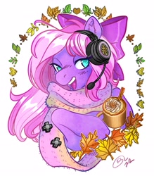 Size: 3125x3563 | Tagged: safe, artist:opalacorn, derpibooru import, oc, oc only, oc:lillybit, earth pony, pony, bow, clothes, coffee, drink, ear fluff, ears, female, hair bow, headphones, headset, latte, leaf, mare, microphone, no pupils, open mouth, open smile, pumpkin spice, scarf, simple background, smiling, solo, white background